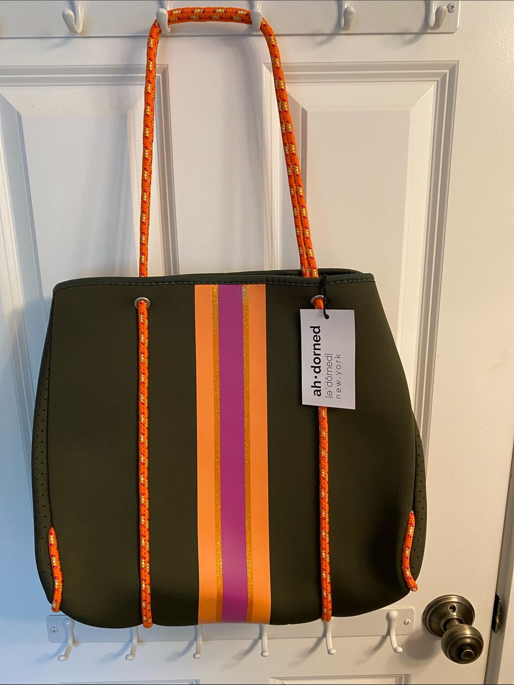 Ah-Dorned Neoprene Tote with Orange & Pink Stripe